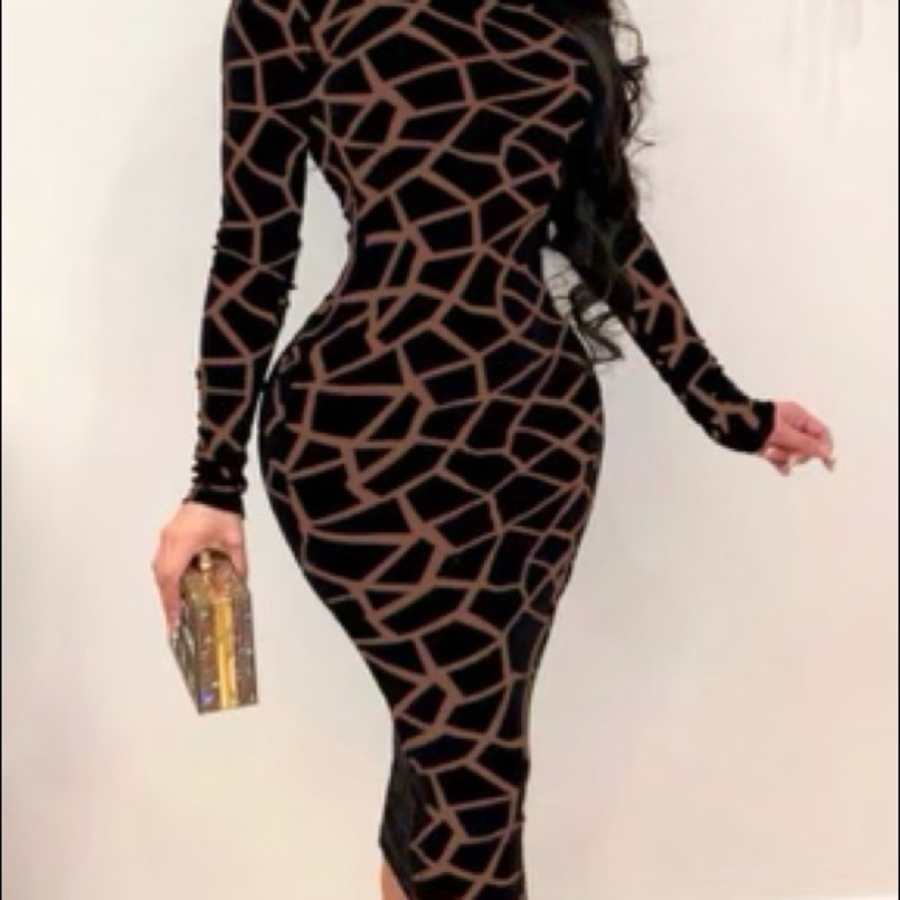 Turtleneck Geometric Print Mid Calf Dress